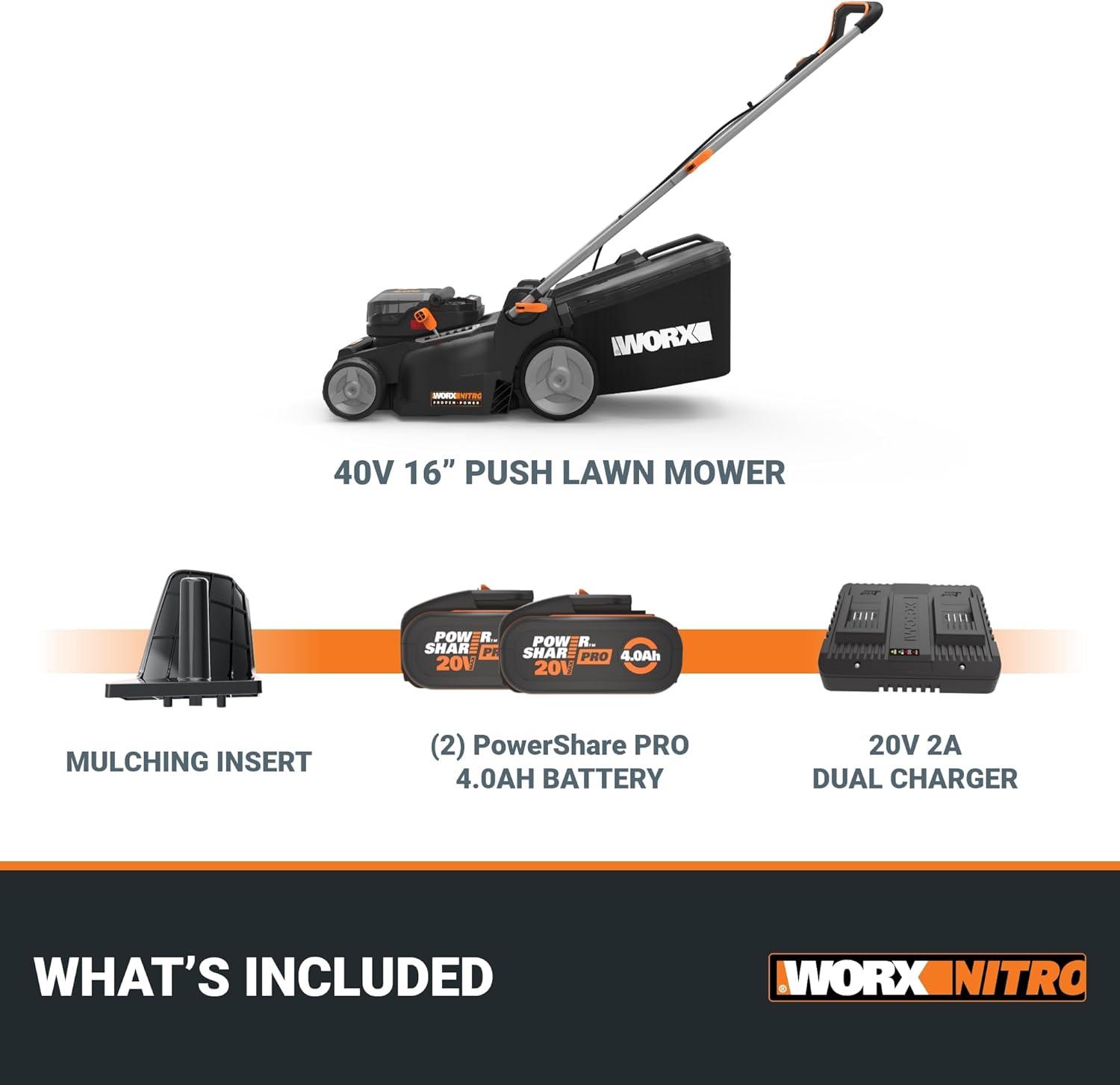 imageWORX Nitro 40V 16quot Cordless Lawn Mower wBrushless Motor 20 ampamp Intellicut 2in1 Electric Mower wMulch Blade Lightweight Push Lawn Mower for 14 Acre WG737 Batteries ampamp Charger Included16 40V Mower w2 40Ah Batteries