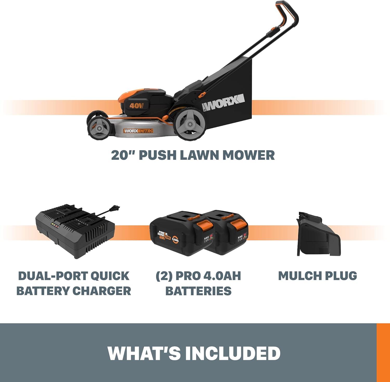 imageWORX Nitro 40V 16quot Cordless Lawn Mower wBrushless Motor 20 ampamp Intellicut 2in1 Electric Mower wMulch Blade Lightweight Push Lawn Mower for 14 Acre WG737 Batteries ampamp Charger Included20 40V Mower w2 40Ah Batteries