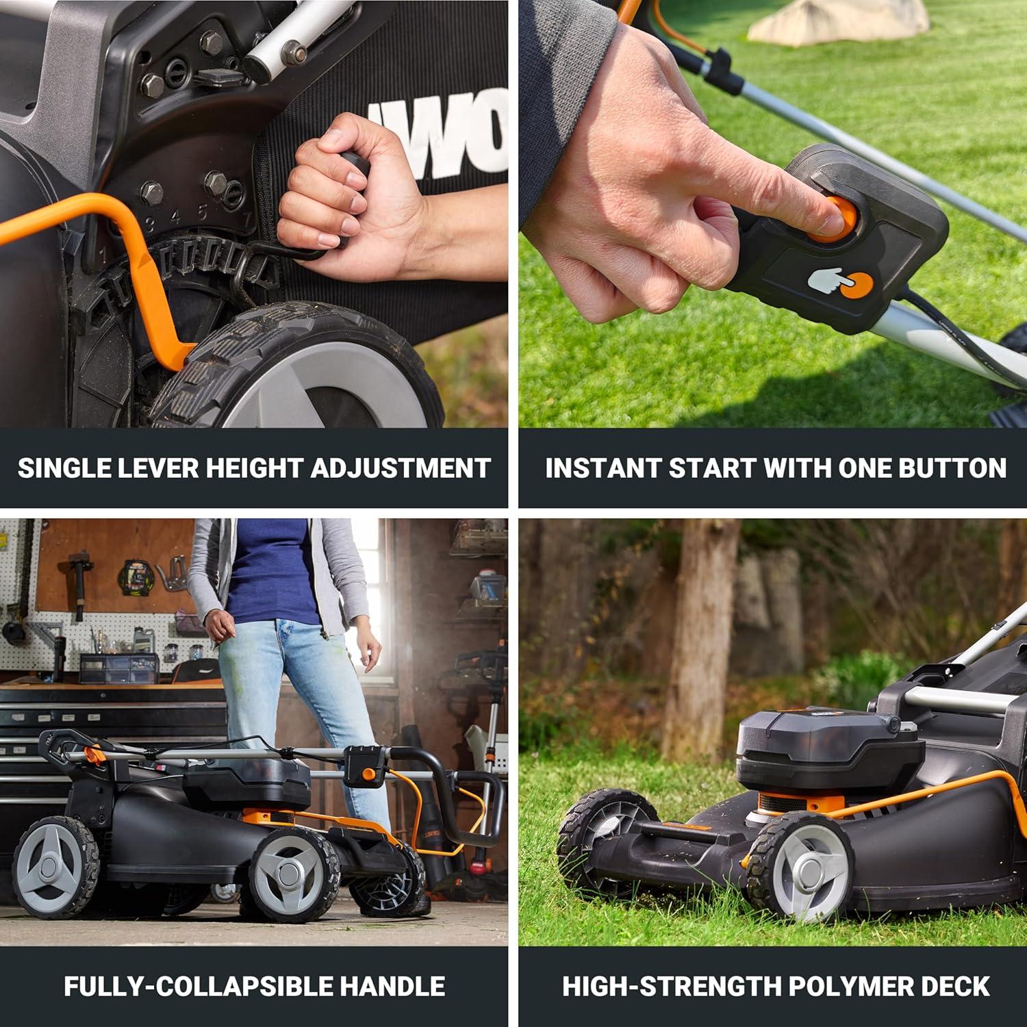 imageWORX Nitro 40V 21quot Cordless Lawn Mower wAerodeck ampamp Intellicut Brushless Electric Mower Up to 12 Acre Push Lawn Mower w 7Position Height Adjustment WG752 Batteries ampamp Charger Included21 40V Mower w2 50Ah Batteries