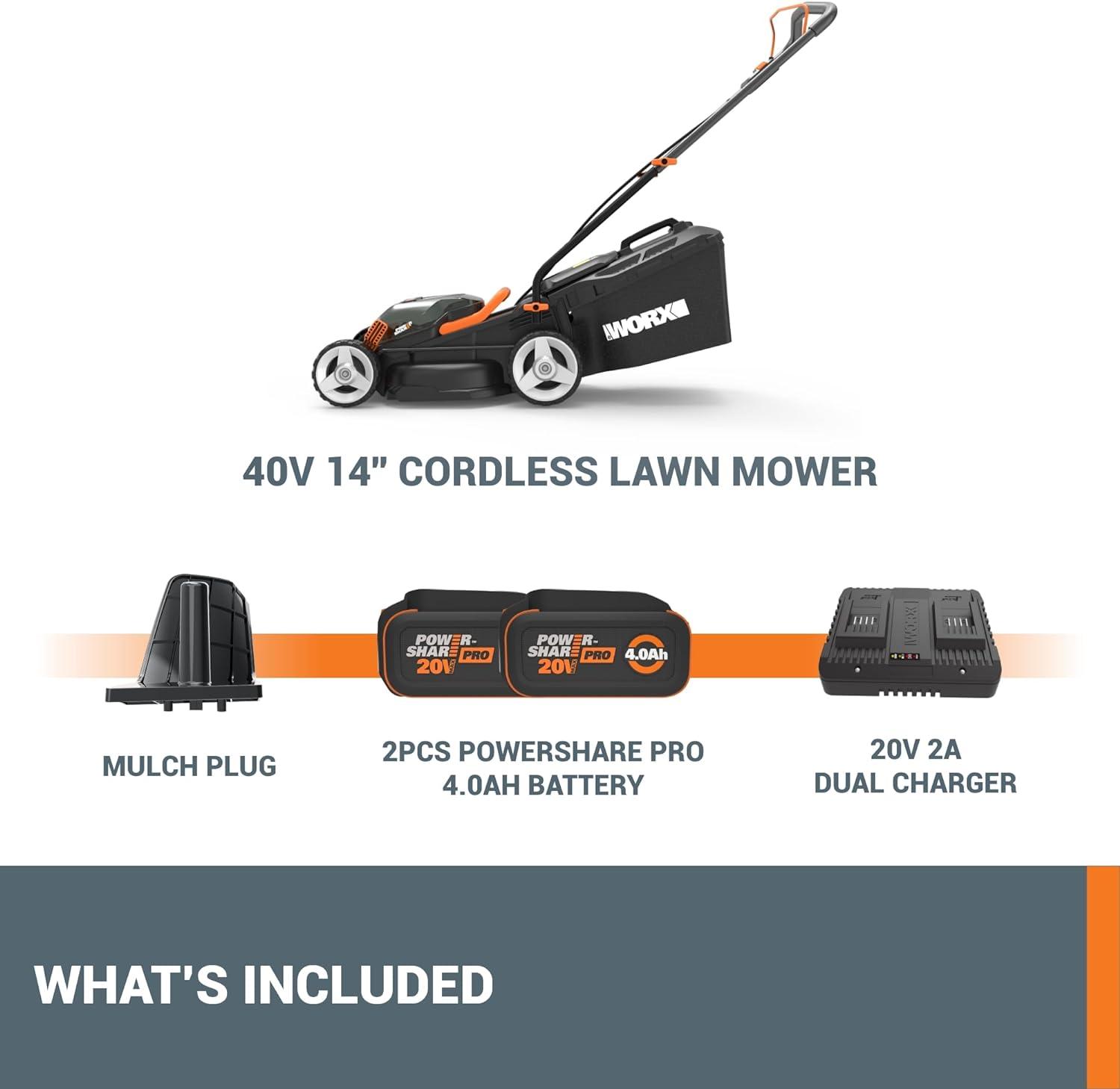imageWORX Nitro 40V 21quot Cordless Lawn Mower wAerodeck ampamp Intellicut Brushless Electric Mower Up to 12 Acre Push Lawn Mower w 7Position Height Adjustment WG752 Batteries ampamp Charger Included14 40V Mower w2 40Ah Batteries