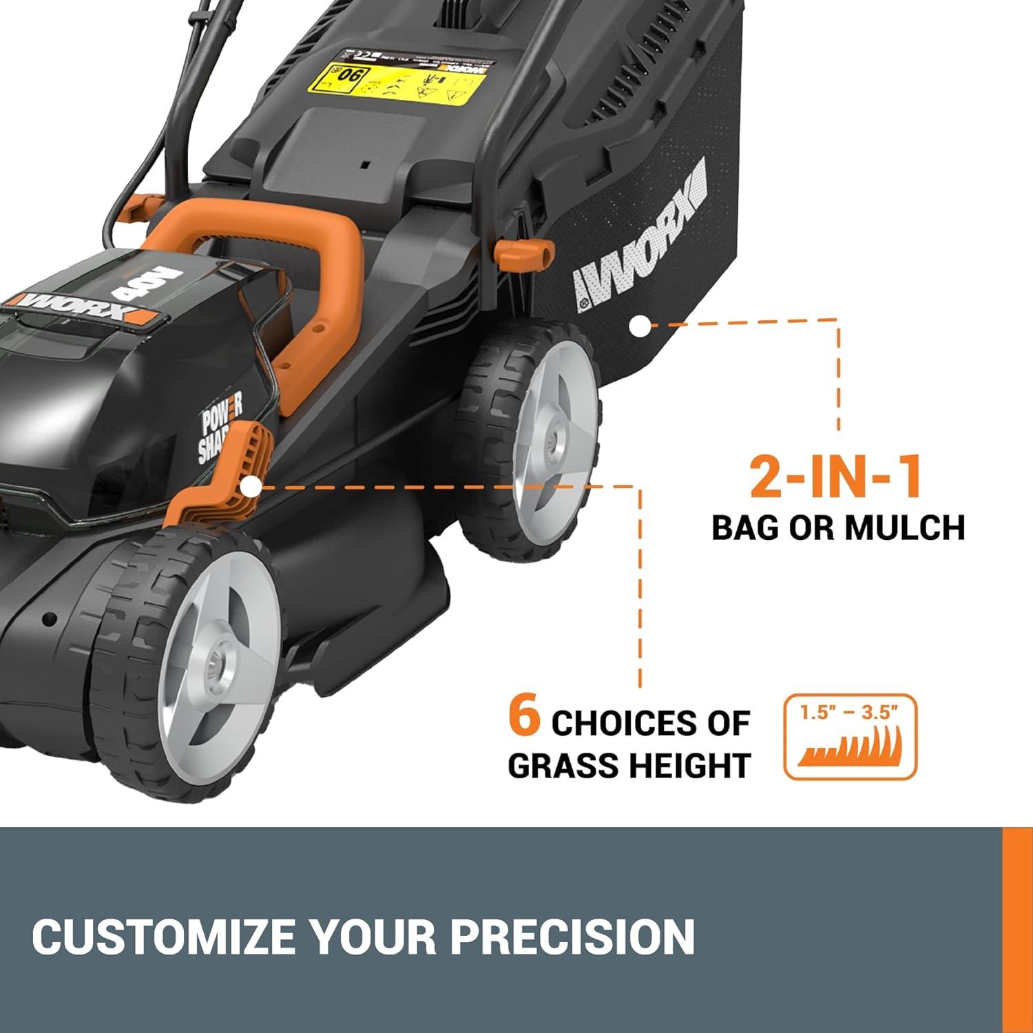 imageWORX Nitro 40V 21quot Cordless Lawn Mower wAerodeck ampamp Intellicut Brushless Electric Mower Up to 12 Acre Push Lawn Mower w 7Position Height Adjustment WG752 Batteries ampamp Charger Included14 40V Mower w2 40Ah Batteries