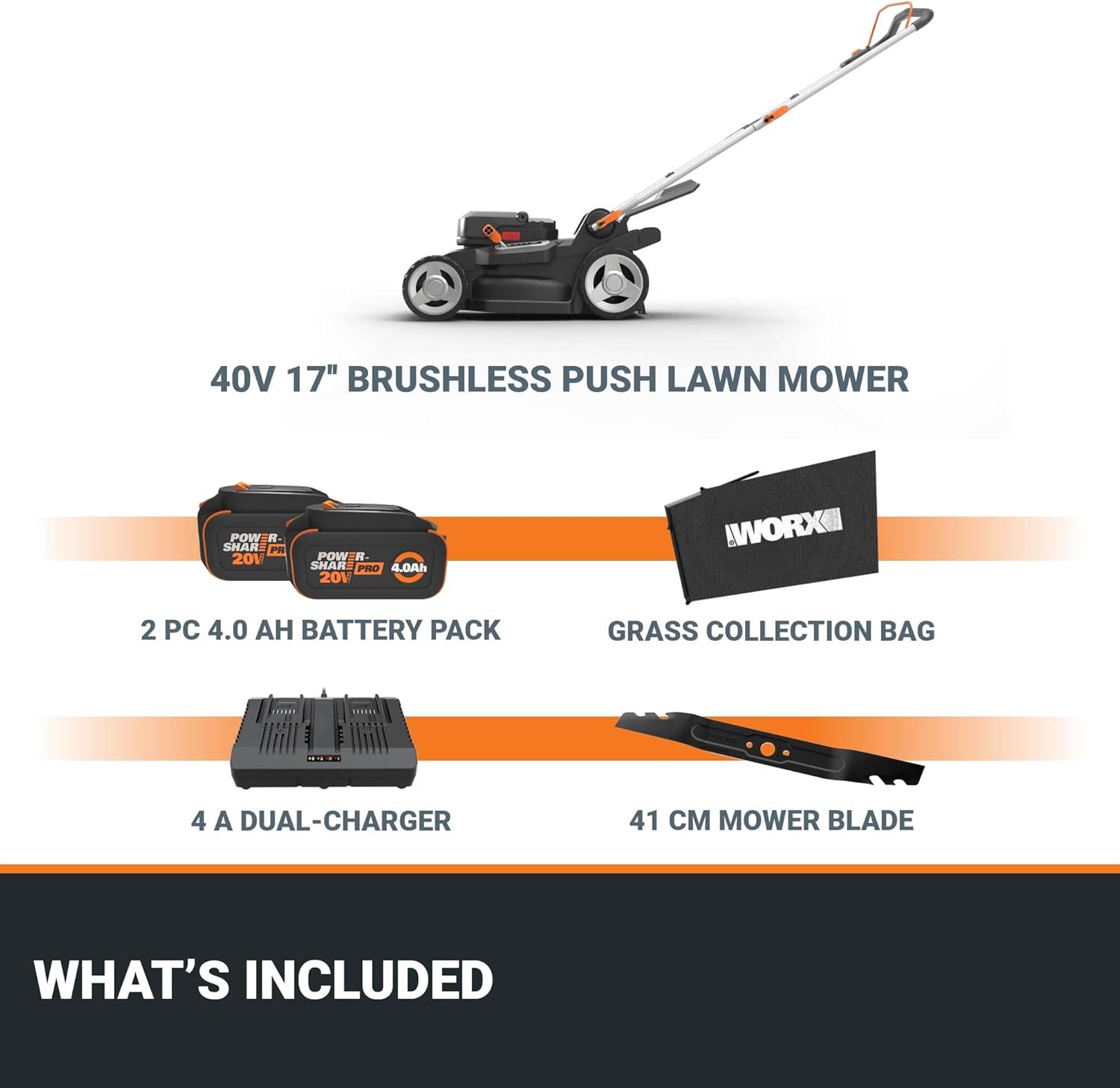 imageWORX Nitro 40V 21quot Cordless Lawn Mower wAerodeck ampamp Intellicut Brushless Electric Mower Up to 12 Acre Push Lawn Mower w 7Position Height Adjustment WG752 Batteries ampamp Charger Included17 40V Mower w2 40Ah Batteries