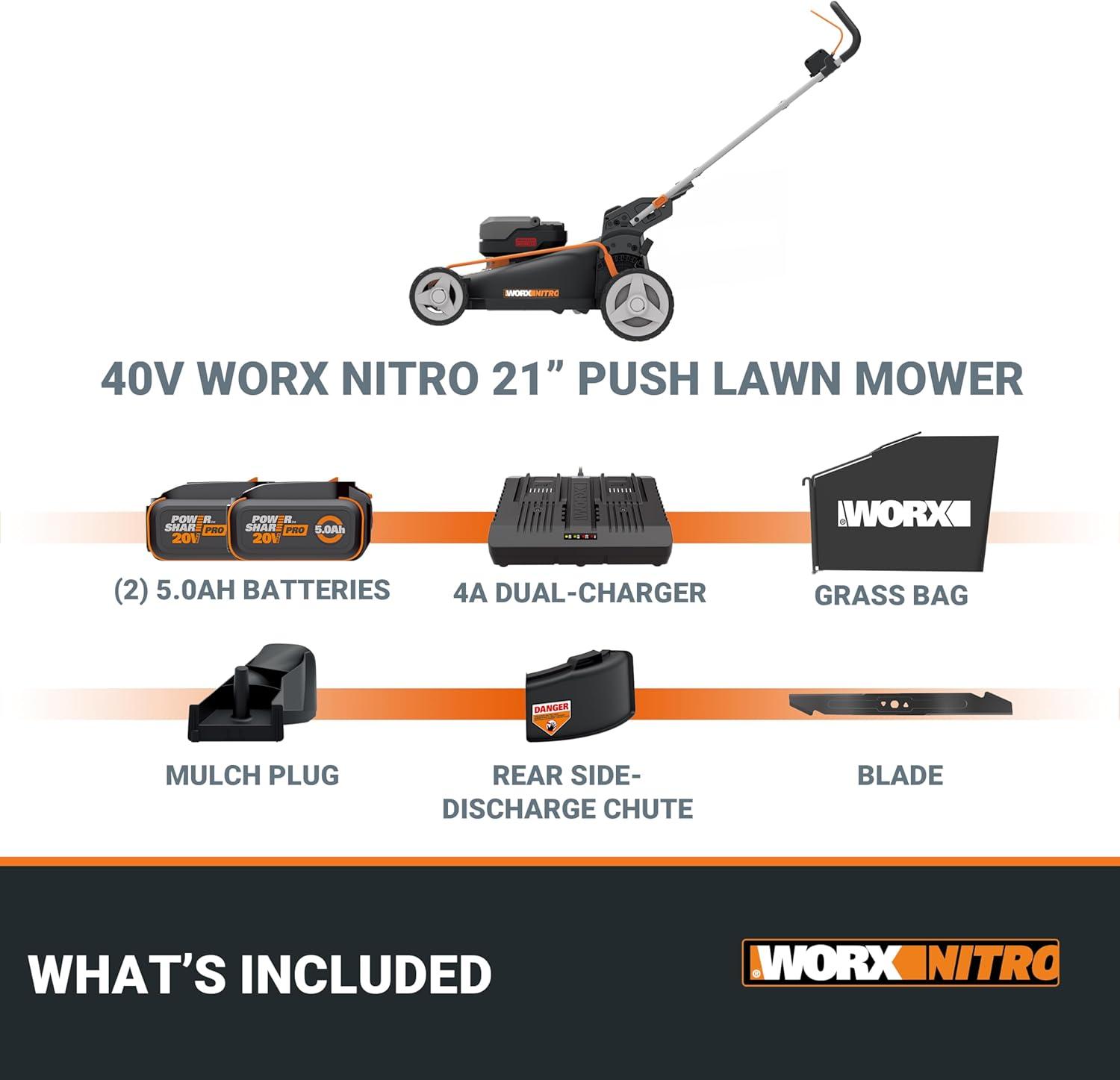 imageWORX Nitro 40V 21quot Cordless Lawn Mower wAerodeck ampamp Intellicut Brushless Electric Mower Up to 12 Acre Push Lawn Mower w 7Position Height Adjustment WG752 Batteries ampamp Charger Included21 40V Mower w2 50Ah Batteries