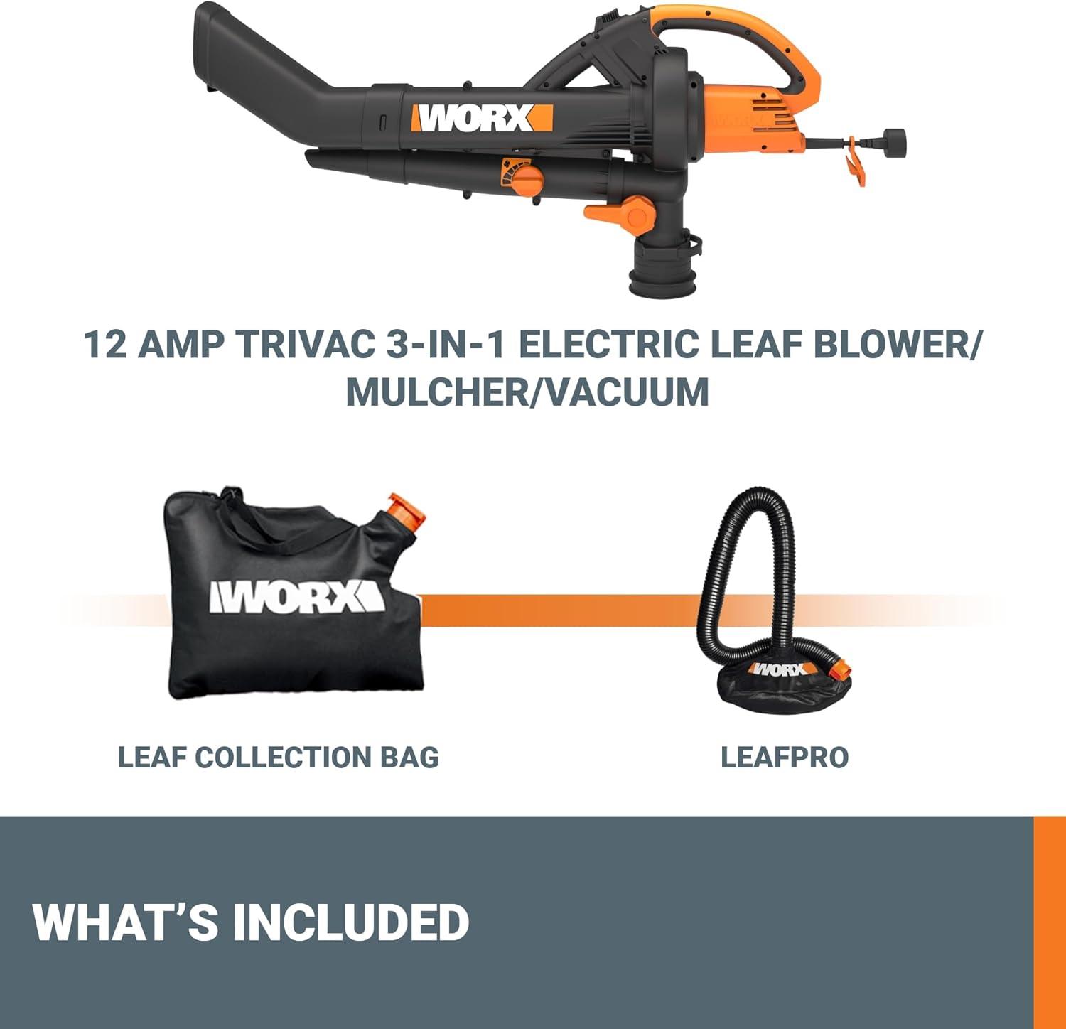 imageWORX Trivac 3in1 Electric Leaf Blower for Lawn Care Leaf MulcherLeaf Vacuum with Bag 350 CFM ampamp 210 MPH Leaf Shredder with Metal Impeller Reusable Bag Included Corded WG5052350CFM wLeafPro Collection System
