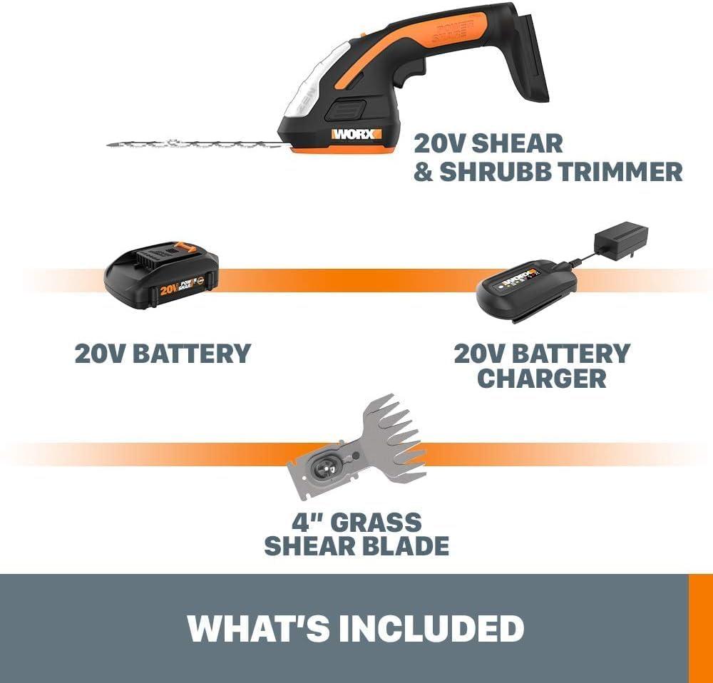 imageWORX WG801 20V 2 in 1 Cordless Hedge Trimmer 4quot Grass Shear ampamp 8quot Shrub Trimmer with 2 Blades Battery ampamp Charger Included8 20V Shrubber Trimmer w120Ah Battery