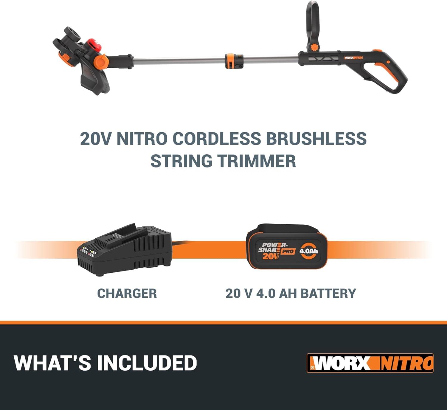 imageWorx Nitro 20V 13quot Cordless String Trimmer with Brushless Motor 3in1 Grass Trimmer Edger MiniMower Lightweight Weed Trimmer COMMAND FEED Instant Line Advancement WG173 Battery ampamp Charger Included