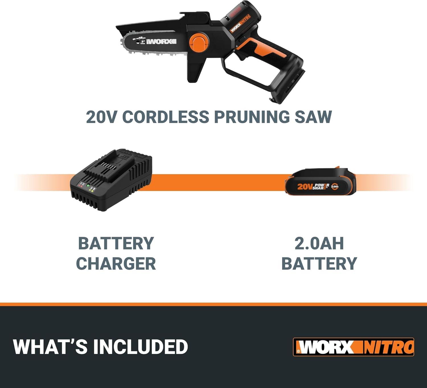 imageWorx Nitro 20V 5quot Cordless Brushless Chainsaw 20 Ah Battery and Charger Included WG325Battery Charger Included