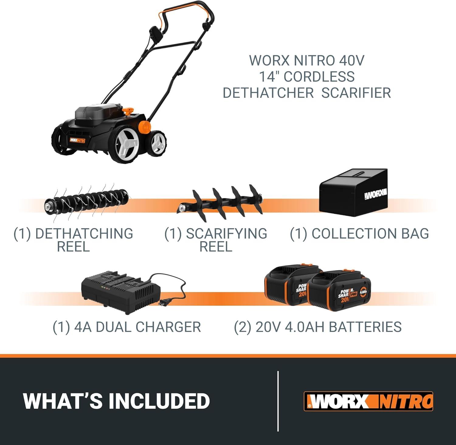 imageWorx Nitro 40V Cordless 14quot Lawn Dethatcher w Brushless Motor 2in1 Dethatcher and Scarifier Removes Deep Thatch Dethatcher Cordless Tool to Improve Grass Health 2 Batteries ampamp Charger Included