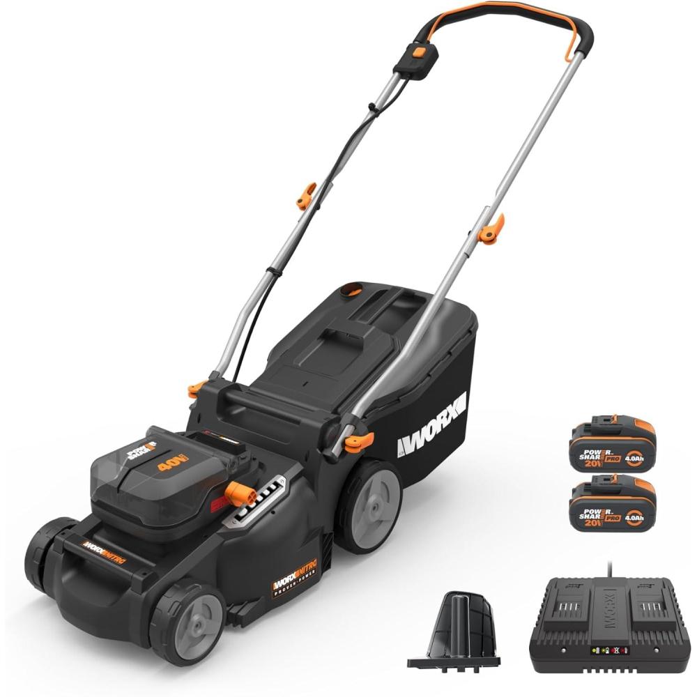imageWORX Nitro 40V 16quot Cordless Lawn Mower wBrushless Motor 20 ampamp Intellicut 2in1 Electric Mower wMulch Blade Lightweight Push Lawn Mower for 14 Acre WG737 Batteries ampamp Charger Included16 40V Mower w2 40Ah Batteries