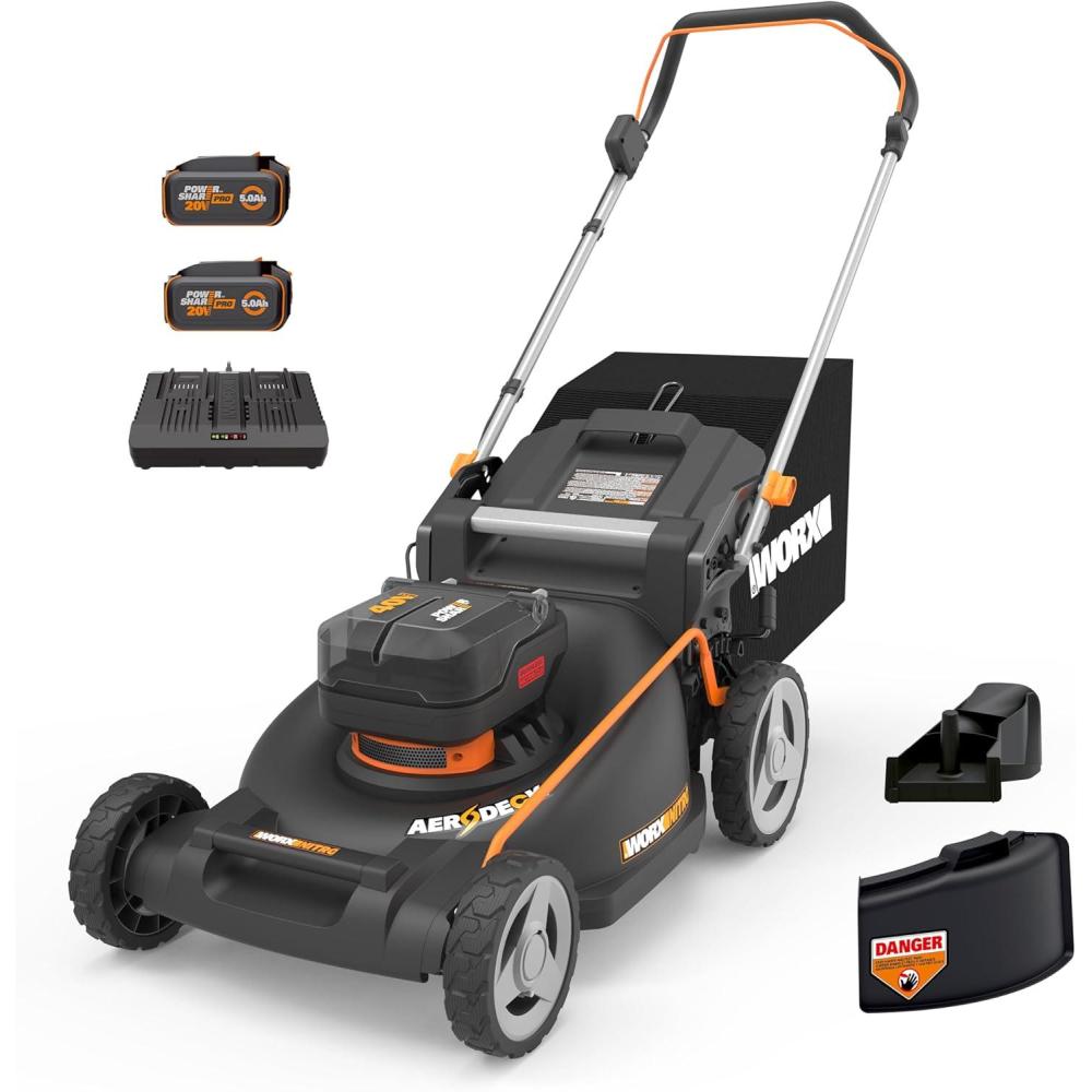 imageWORX Nitro 40V 21quot Cordless Lawn Mower wAerodeck ampamp Intellicut Brushless Electric Mower Up to 12 Acre Push Lawn Mower w 7Position Height Adjustment WG752  Batteries ampamp Charger Included21 40V Mower w2 50Ah Batteries