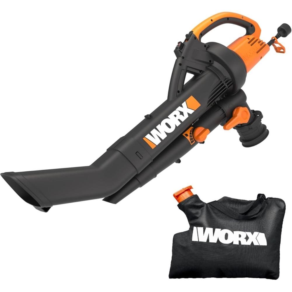 imageWORX Trivac 3in1 Electric Leaf Blower for Lawn Care Leaf MulcherLeaf Vacuum with Bag 350 CFM ampamp 210 MPH Leaf Shredder with Metal Impeller Reusable Bag Included Corded WG5052350CFM BlowerVacMulcher