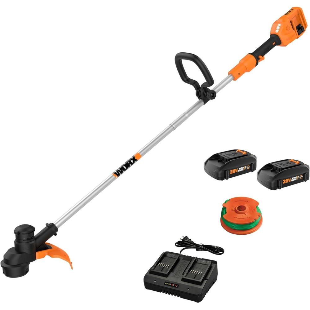 imageWorx WG183 40V 13quot Cordless String Trimmer Batteries ampamp Charger Included Black and Orange2 20V Batteries Charger Included