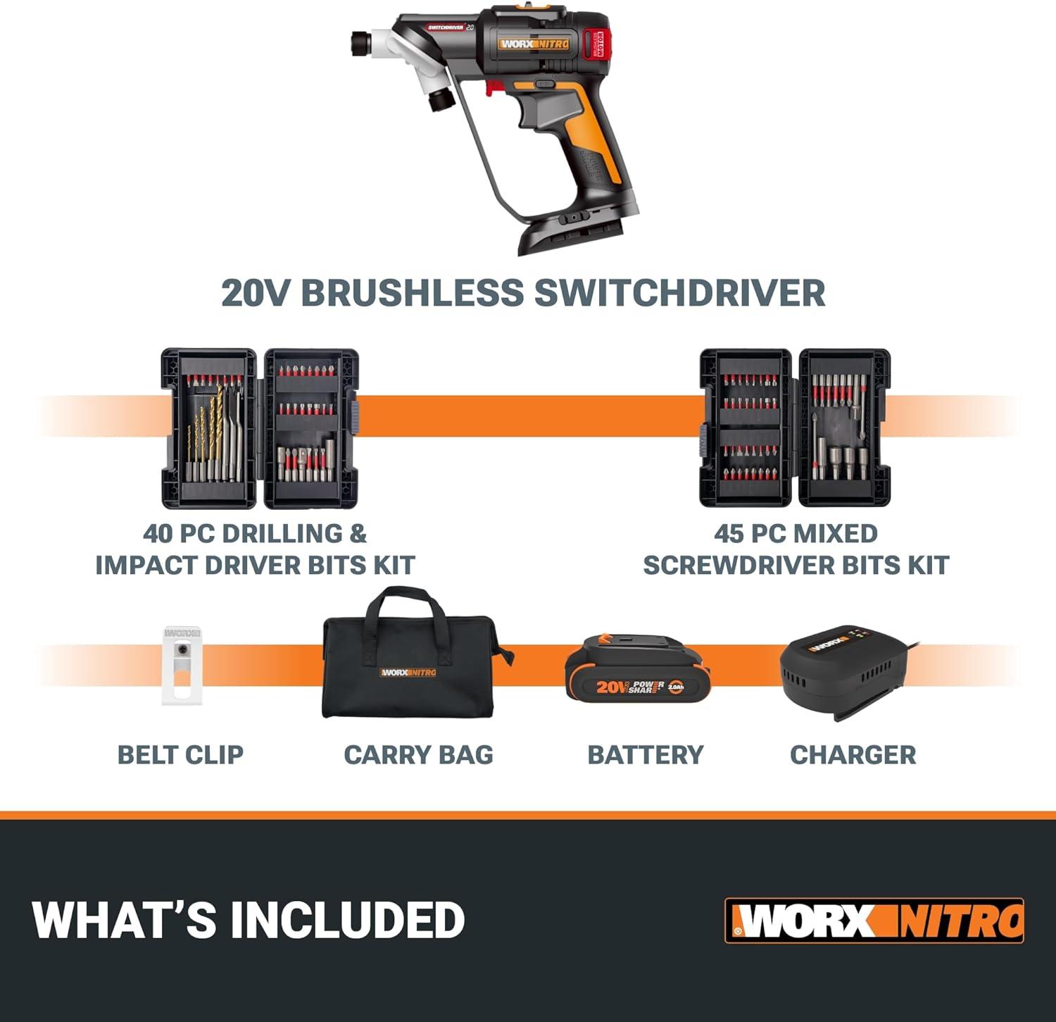 imageWORX Nitro 20V SwitchDriver 20 with 85 pc Accessory Kit 2in1 Brushless Cordless Drill Driver Drill Set Rotatable Dual 14quot Chucks WX177L2 Battery ampamp Charger Included20V SwitchDriver Drill 20Battery Charger Accessory Included