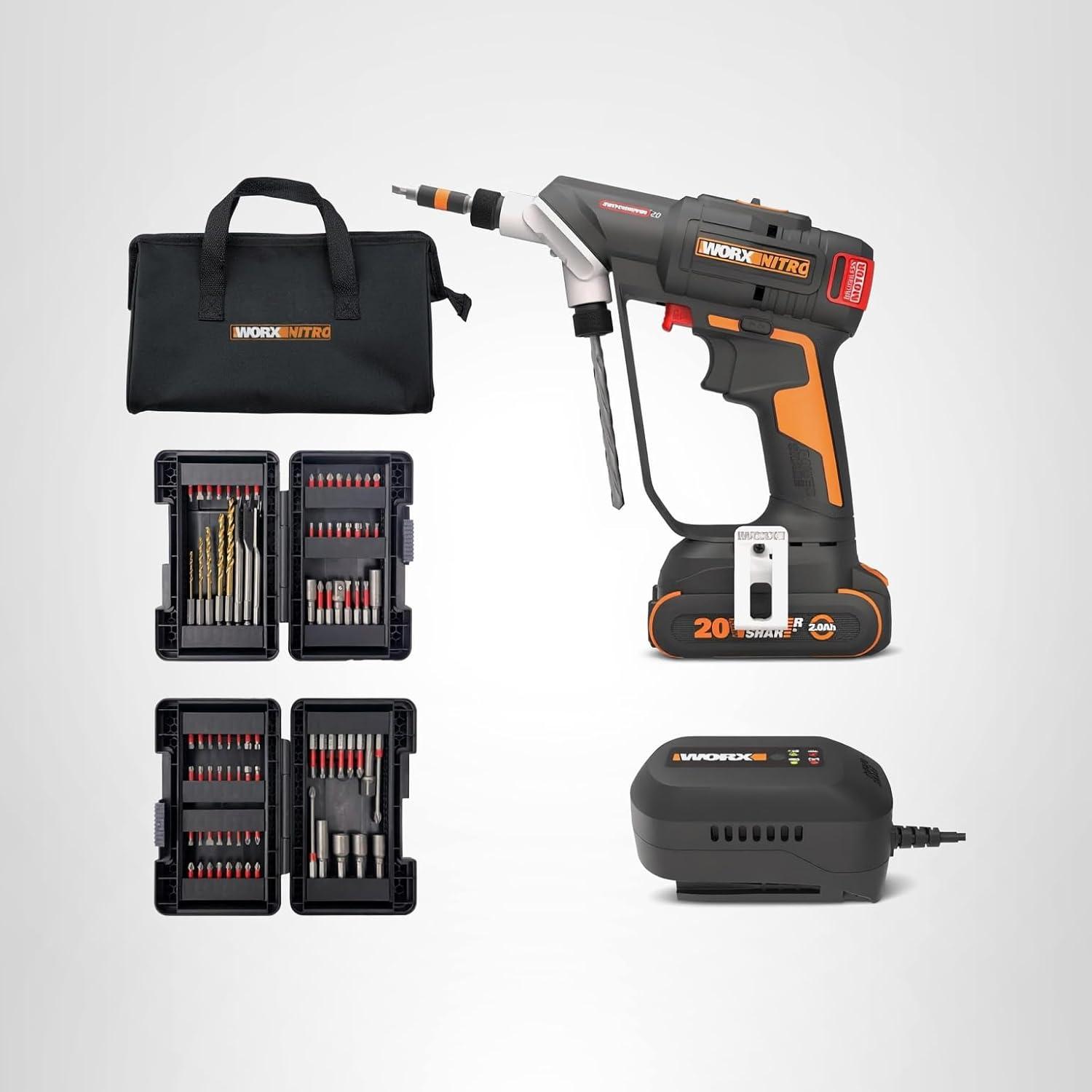 imageWORX Nitro 20V SwitchDriver 20 with 85 pc Accessory Kit 2in1 Brushless Cordless Drill Driver Drill Set Rotatable Dual 14quot Chucks WX177L2 Battery ampamp Charger Included20V SwitchDriver Drill 20Battery Charger Accessory Included