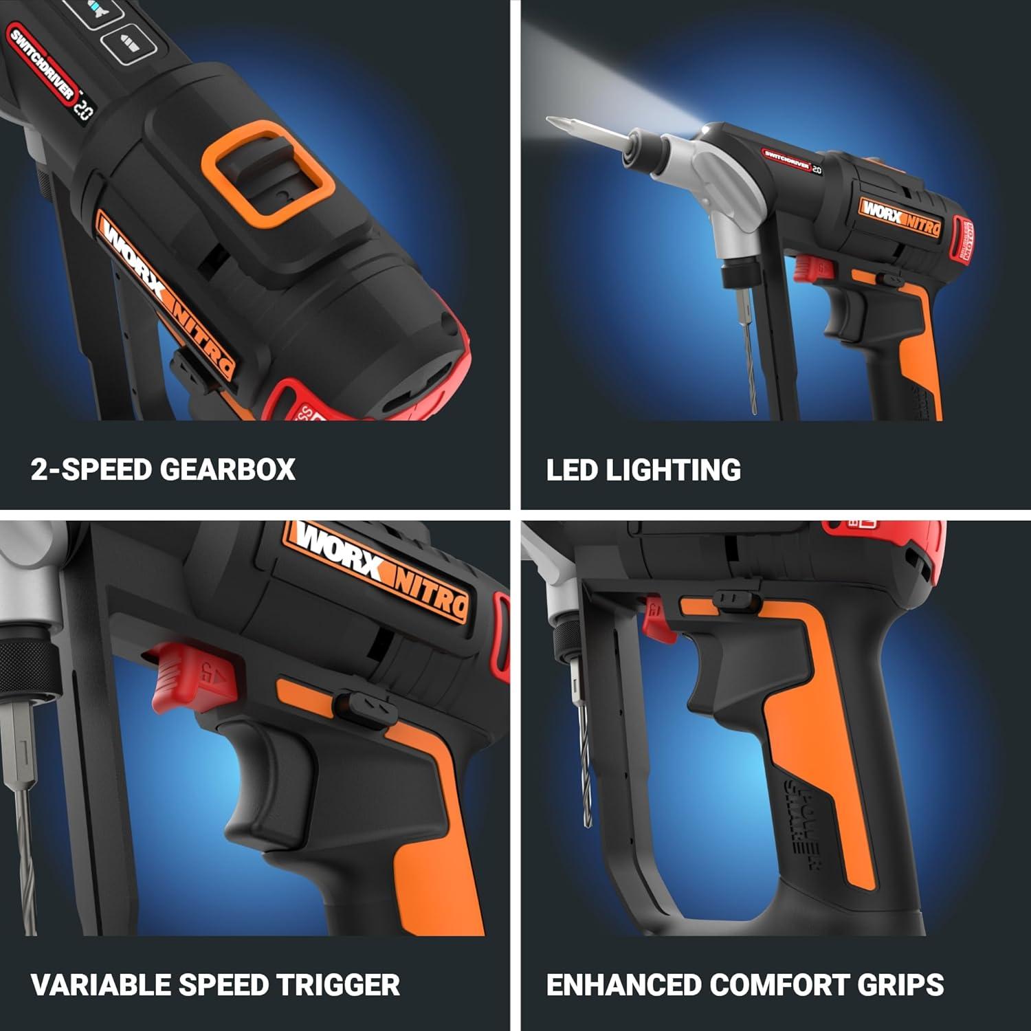 imageWORX Nitro 20V SwitchDriver 20 with 85 pc Accessory Kit 2in1 Brushless Cordless Drill Driver Drill Set Rotatable Dual 14quot Chucks WX177L2 Battery ampamp Charger Included20V SwitchDriver Drill 20Battery Charger Accessory Included