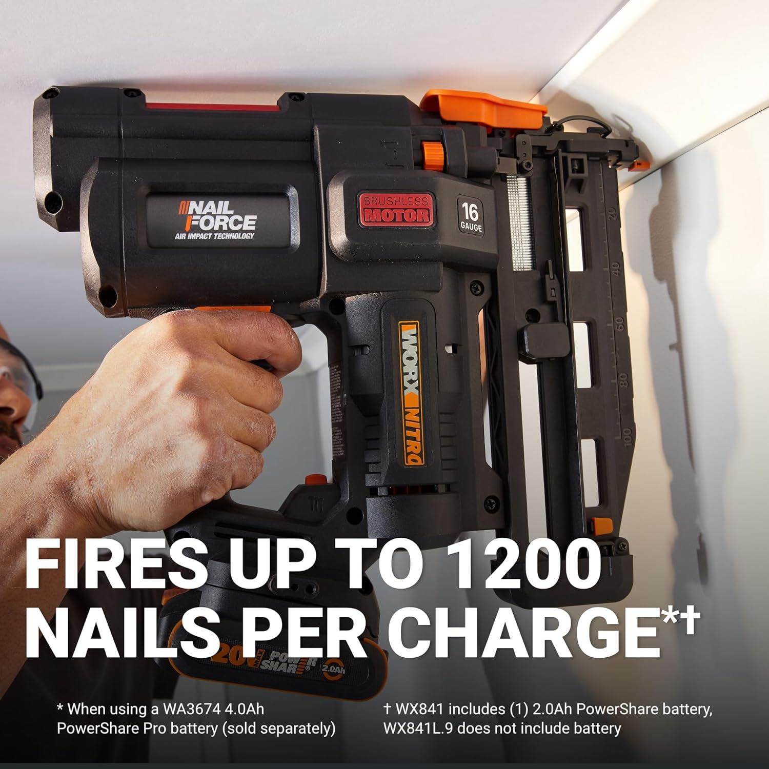 imageWorx Nitro 20V 16GA Finish Nailer Cordless 70 NailsMin Sinks Up to 212quot Compact Cordless Nail Gun wToolFree Jam Release Brushless Nail Gun Battery Powered WX841L Battery ampamp Charger Included16Ga Straight Finish Nailer Battery Charger Included