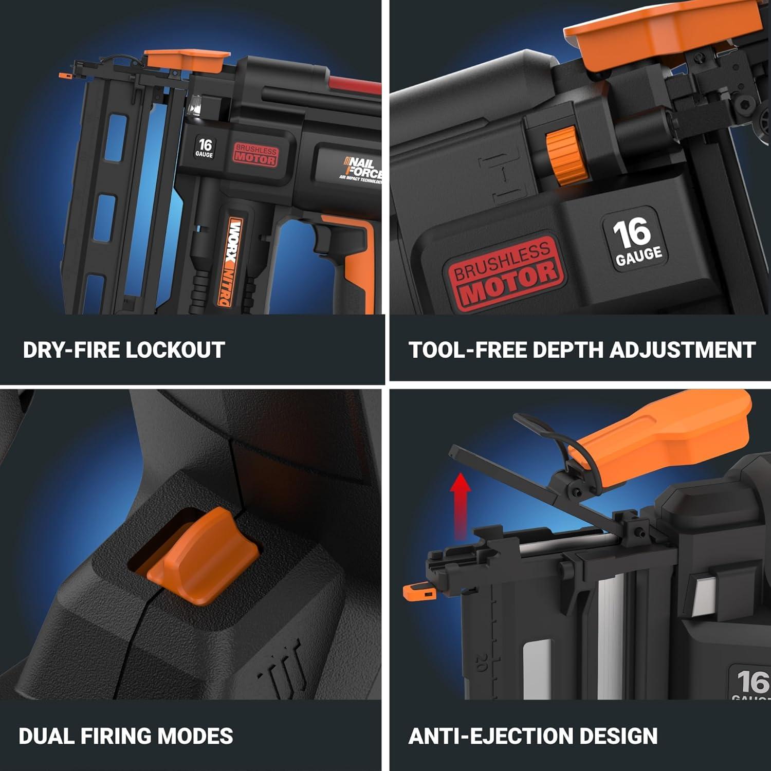 imageWorx Nitro 20V 16GA Finish Nailer Cordless 70 NailsMin Sinks Up to 212quot Compact Cordless Nail Gun wToolFree Jam Release Brushless Nail Gun Battery Powered WX841L Battery ampamp Charger Included16Ga Straight Finish Nailer Tool only