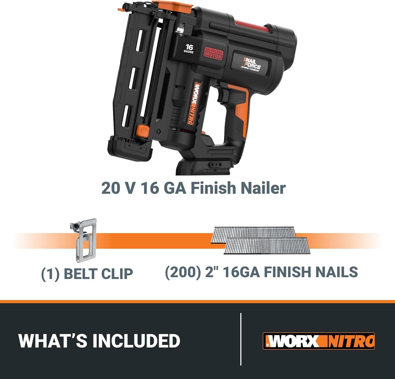 imageWorx Nitro 20V 16GA Finish Nailer Cordless 70 NailsMin Sinks Up to 212quot Compact Cordless Nail Gun wToolFree Jam Release Brushless Nail Gun Battery Powered WX841L Battery ampamp Charger Included16Ga Straight Finish Nailer Tool only