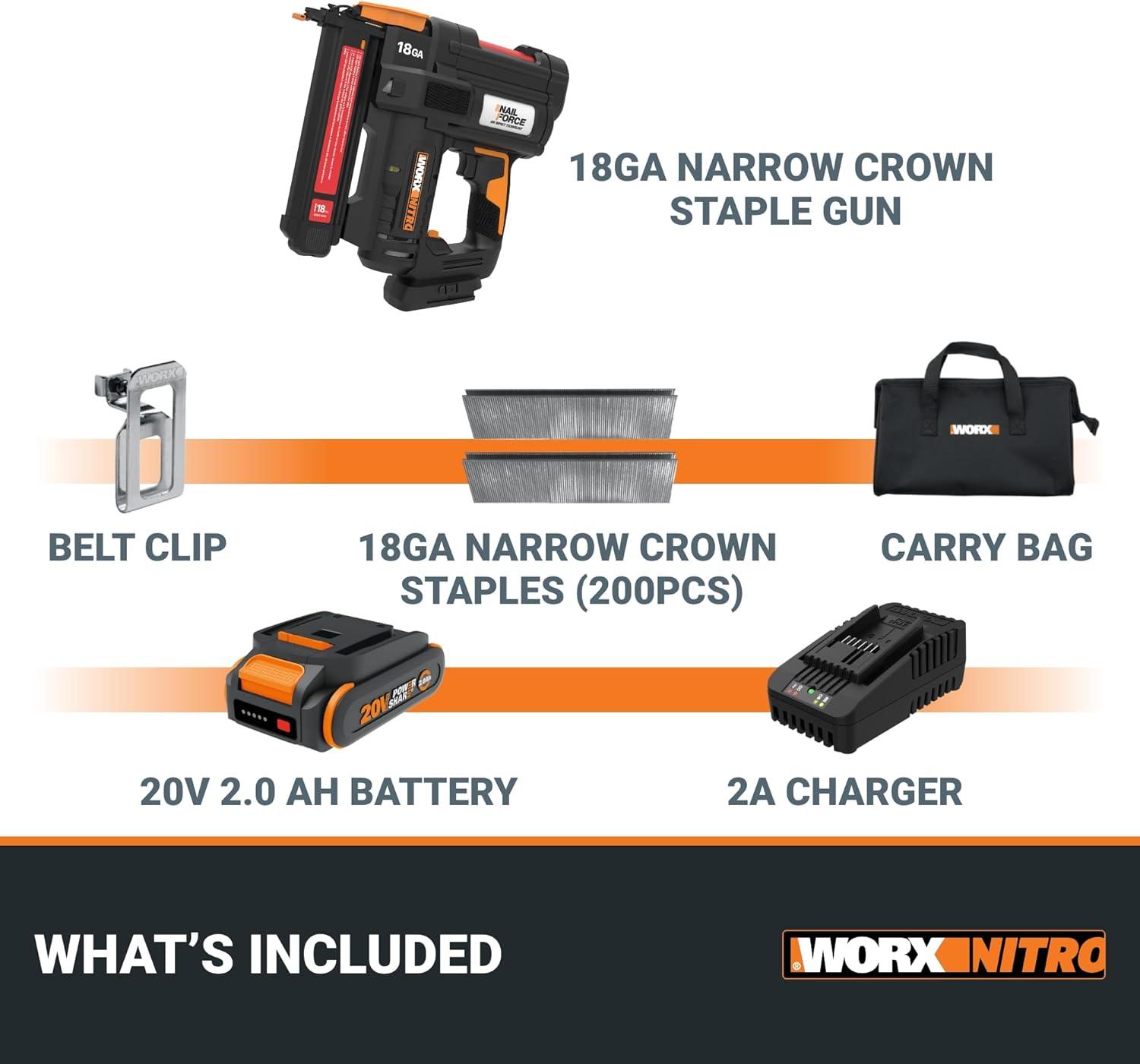 imageWorx Nitro 20V Power Share 38 Cordless Crown Stapler with Air Impact Technology WX843L9 Tool Only18Ga Narrow Crown Stapler Kit Battery Charger included