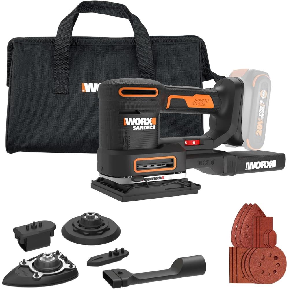 imageWORX Cordless Sander 20V 10000 orbitsminute Electric Sander 5in1 Functions Toolless Sanding Pad Change 20 V 20 Ah Battery and Charger Included PowerShare20V 5in1 Sander Tool Only