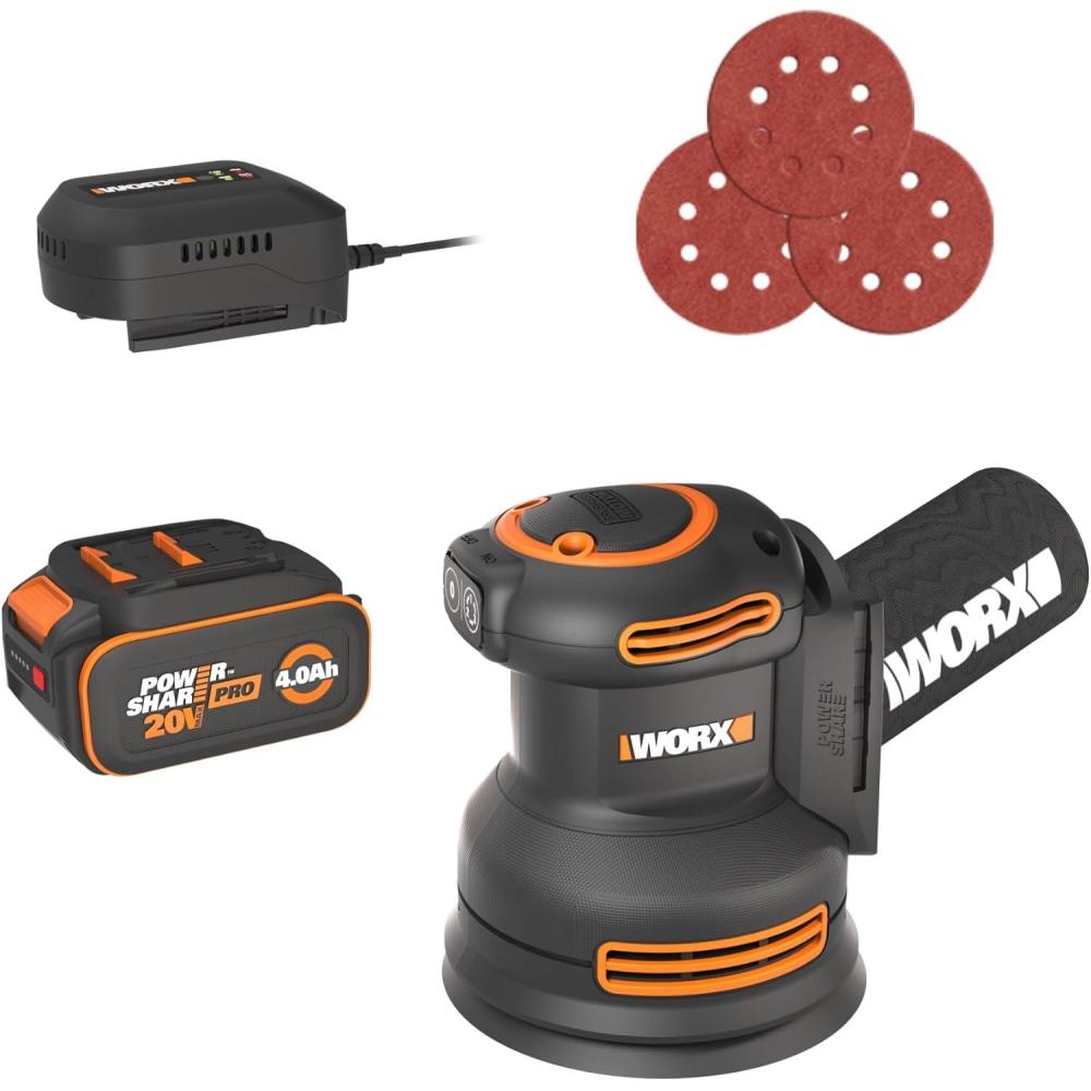 imageWORX Cordless Sander 20V 10000 orbitsminute Electric Sander 5in1 Functions Toolless Sanding Pad Change 20 V 20 Ah Battery and Charger Included PowerShare20V Brushless Cordless Random Orbital SandersBattery  Charger Included