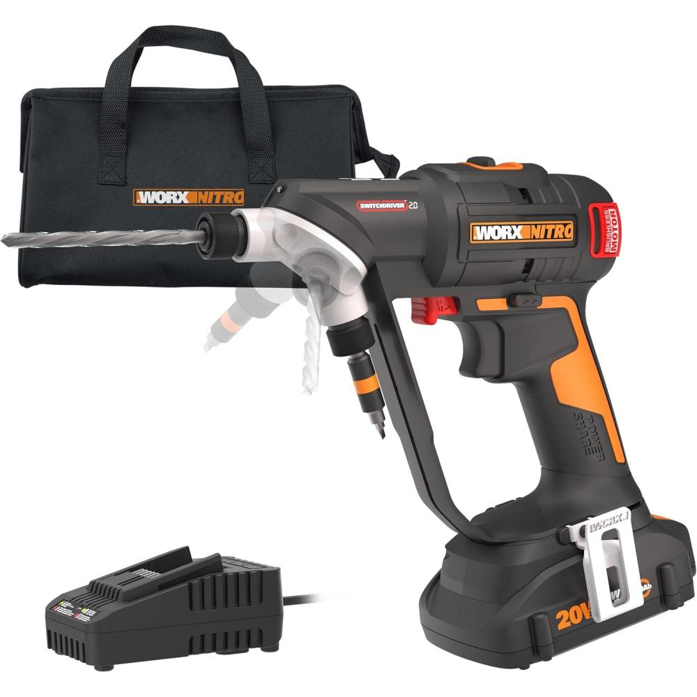 imageWORX Nitro 20V SwitchDriver 20 with 85 pc Accessory Kit 2in1 Brushless Cordless Drill Driver Drill Set Rotatable Dual 14quot Chucks WX177L2  Battery ampamp Charger Included20V SwitchDriver Drill 20Battery  Charger Included