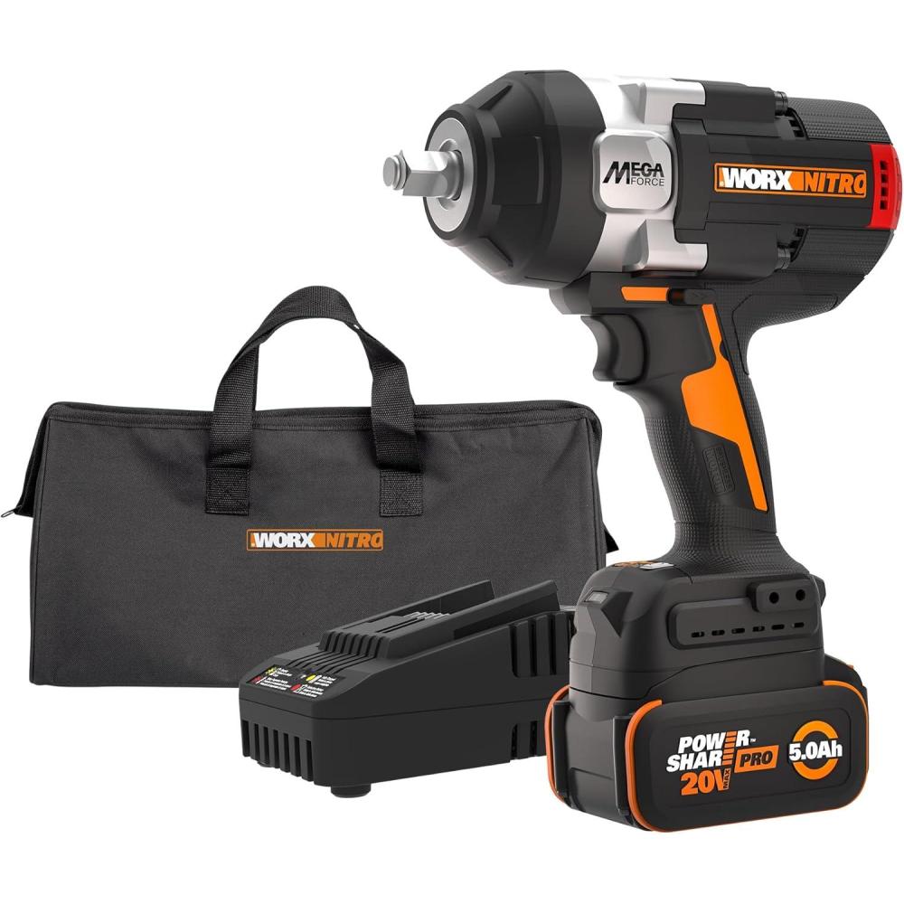 imageWORX Nitro WX272L 20V Power Share 12quot Cordless Impact Wrench with Brushless Motor20V Cordless Brushless High Torque Impact WrenchBattery Pack  Charger  Carry Bag