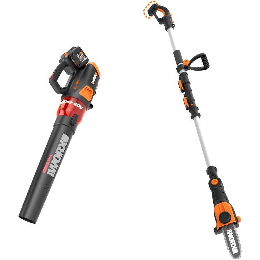 imageWORX WG584 40V Power Share Turbine Cordless Leaf Blower with Brushless Motor 2x20V Batteries with Pole Saw Bare Tool Only Black and Orange