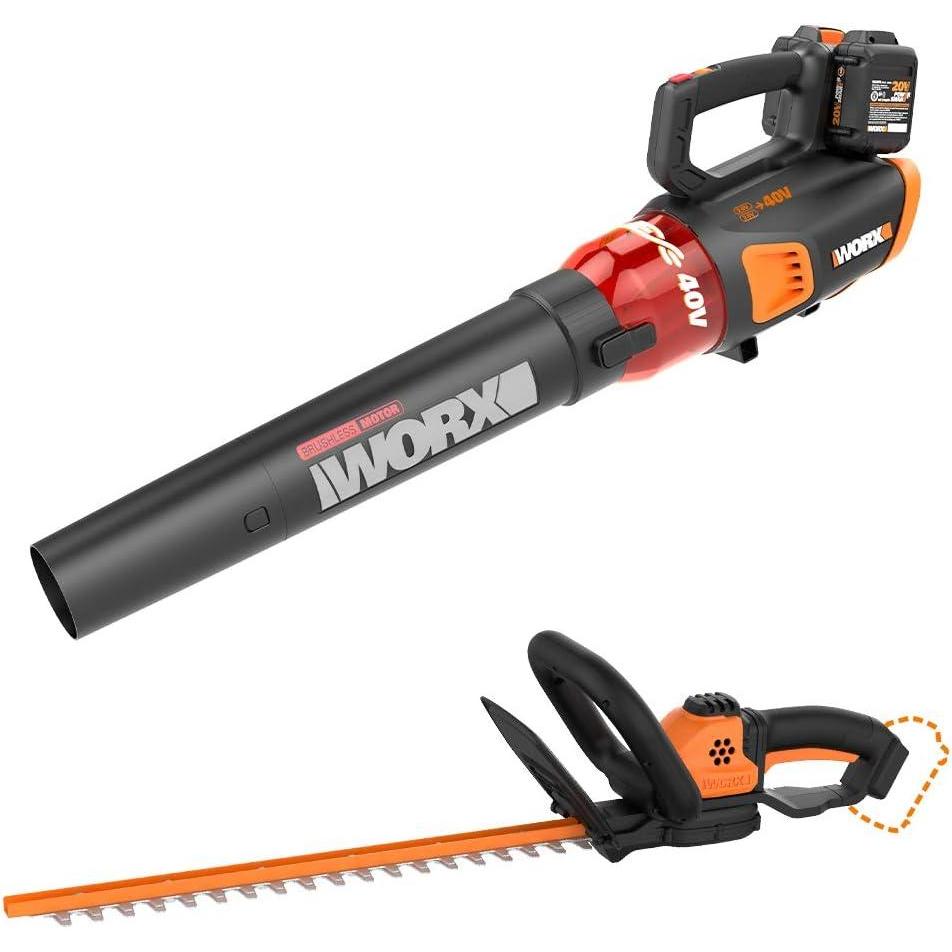 imageWORX WG584 40V Power Share Turbine Cordless Leaf Blower with Brushless Motor 2x20V Batteries with Power Share 22inch Cordless Hedge Trimmer