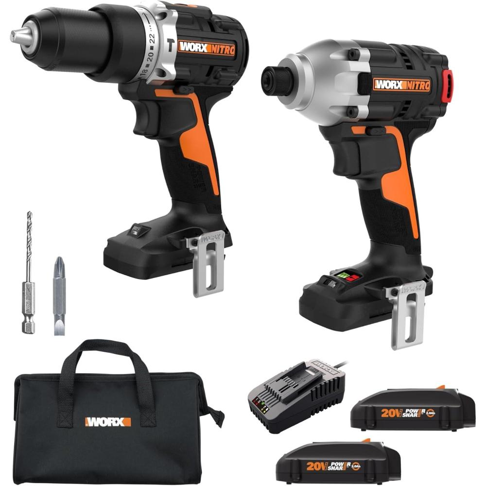 imageWorx Nitro 20V Impact Driver and Drill Driver with Brushless Motor Drill Set with Storage Bag Compact Drill and Driver Combo Power Share Compatible WX960L Batteries ampamp Charger Included12 Drill Driver and 14 Impact Driver