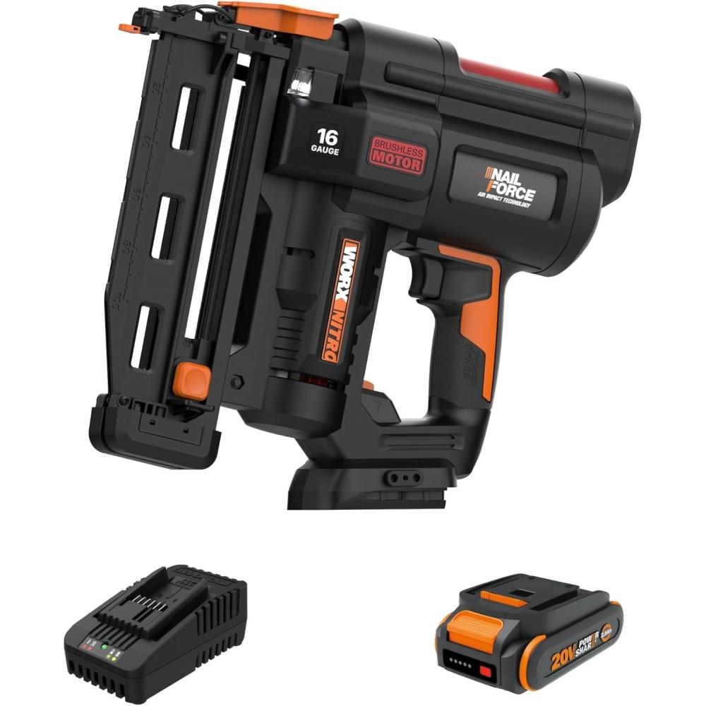 imageWorx WX840L 20V Power Share Cordless 18 Gauge Nail ampamp Staple Gun16Ga Straight Finish Nailer Battery Charger Included