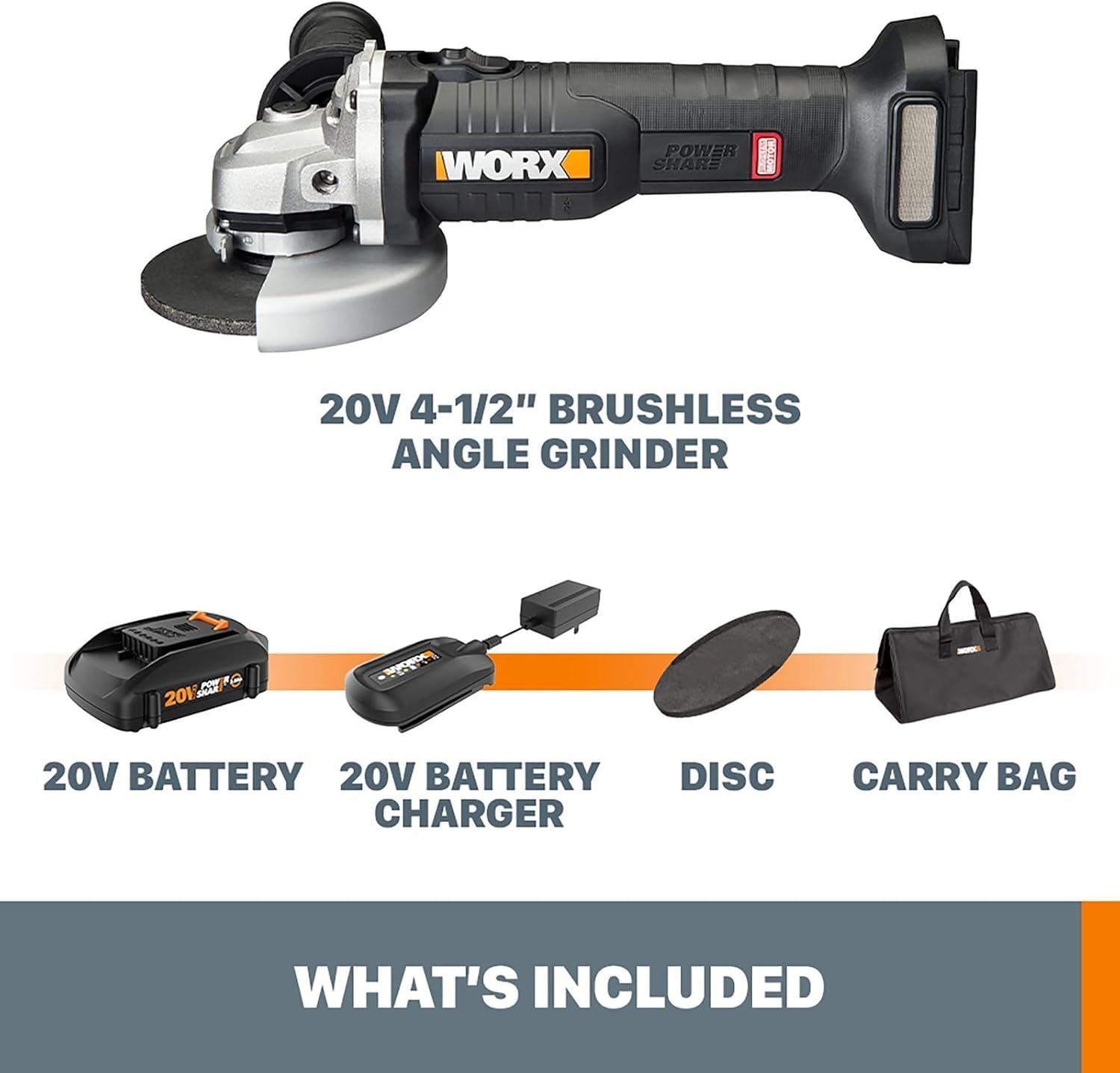 imageWorx WX812L 20V Power Share Brushless 412quot Angle Grinder