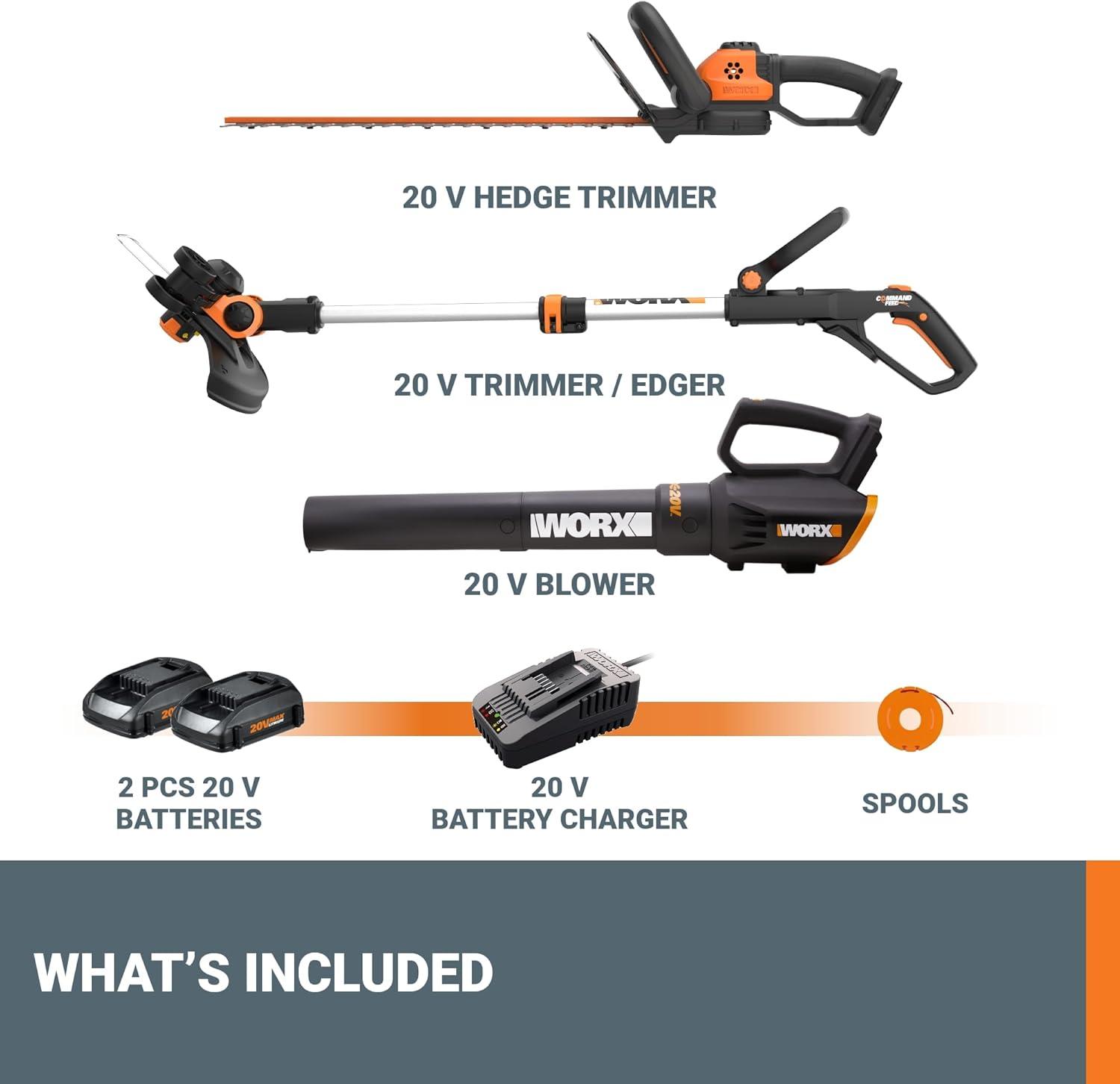 image:imageWORX 20V 12 Cordless String Trimmer amp 120 MPH Leaf Blower Combo 2 Batteries amp Charger Included WG91612 Trimmer 360 CFM Blower 22 Hedge Trimmer