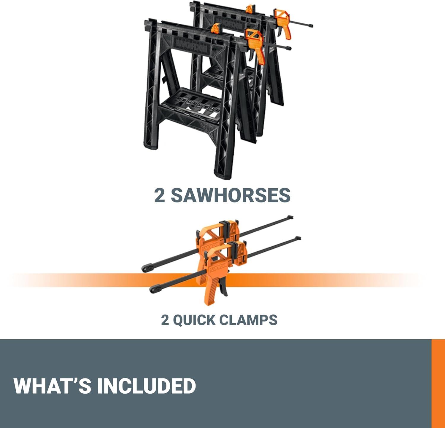 image:imageWorx WX0653 Clamping Sawhorses with Bar Clamps and 7 Inch Metal Triangle RulerClamping Sawhorse Pair