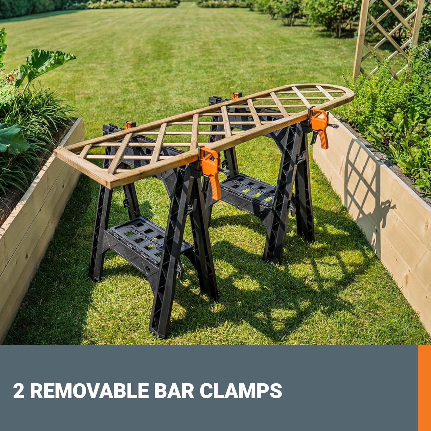 image:imageWorx WX0653 Clamping Sawhorses with Bar Clamps and 7 Inch Metal Triangle RulerClamping Sawhorse Pair