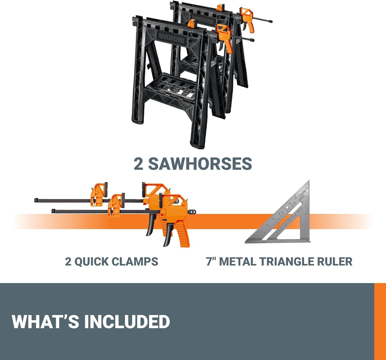 image:imageWorx WX0653 Clamping Sawhorses with Bar Clamps and 7 Inch Metal Triangle RulerClamping Sawhorses Triangle Ruler