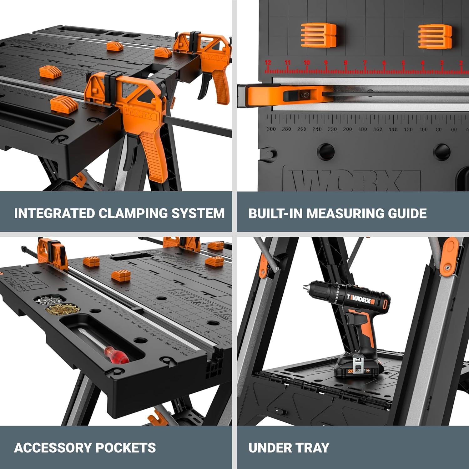 image:imageWorx WX0653 Clamping Sawhorses with Bar Clamps and 7 Inch Metal Triangle RulerPortable Workbench Sawhorse