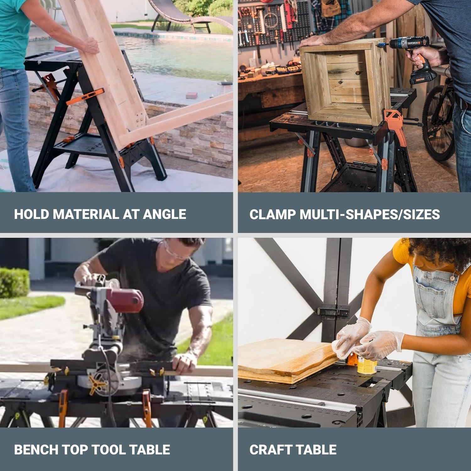 image:imageWorx WX0653 Clamping Sawhorses with Bar Clamps and 7 Inch Metal Triangle RulerPortable Workbench Sawhorse