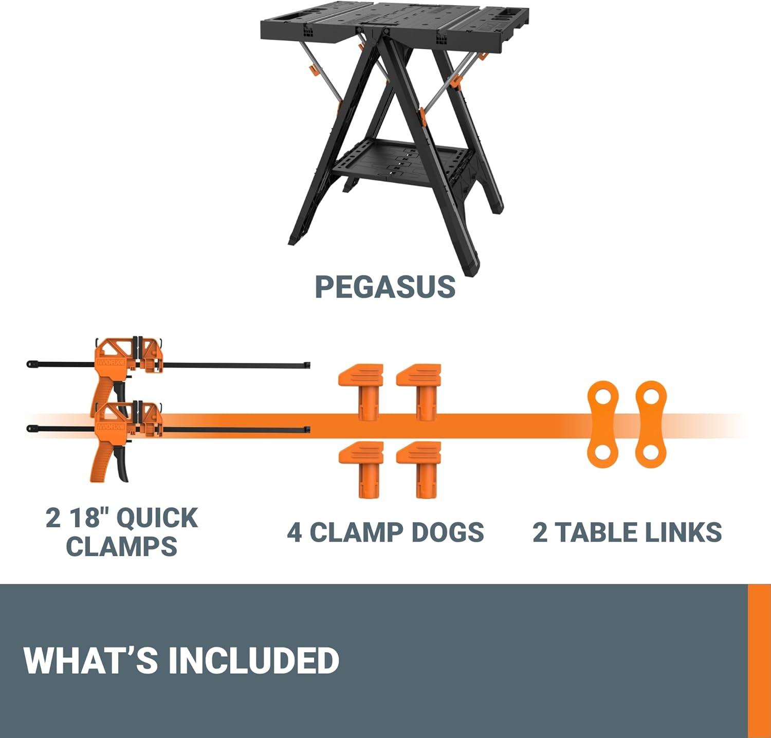 image:imageWorx WX0653 Clamping Sawhorses with Bar Clamps and 7 Inch Metal Triangle RulerPortable Workbench Sawhorse