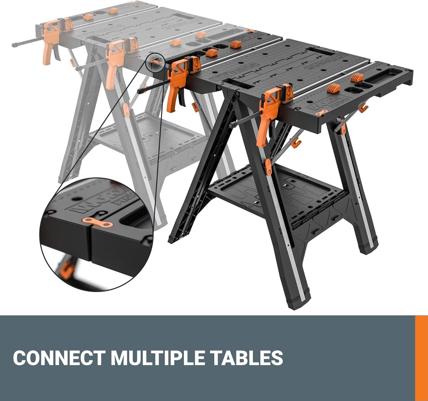 image:imageWorx WX0653 Clamping Sawhorses with Bar Clamps and 7 Inch Metal Triangle RulerPortable Workbench Sawhorse