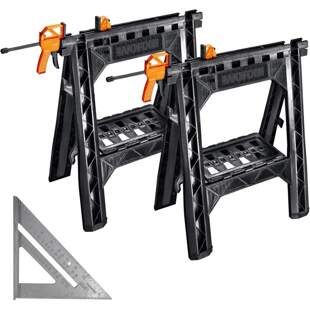 image:imageWorx WX0653 Clamping Sawhorses with Bar Clamps and 7 Inch Metal Triangle RulerClamping Sawhorses Triangle Ruler