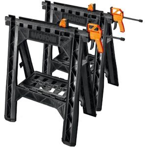 Worx WX065.3 Clamping Sawhorses with Bar Clamps and 7 Inch Metal Triangle Ruler(Clamping Sawhorse Pair)