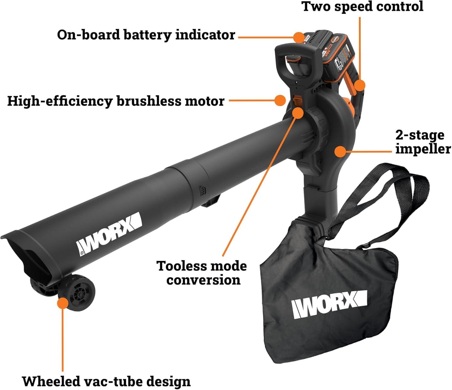 image:imageWORX Cordless Leaf Blower 3 in 1 Blowers for Lawn Care with Leaf Vacuum amp Leaf Mulcher Electric Blower with Brushless Motor amp 2 Speed Control 4 40 Ah Batteries amp Charger Included210MPH 40V 3 in 1 w4 40Ah Batteries