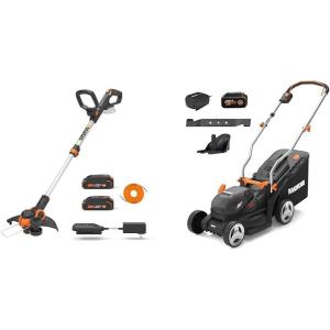 WORX Cordless String Trimmer & Lawn Mower Combo, 12” 20V Weed Eater with 90° Pivoting Head, 14” 20V Electric Mower with 6-Position Height Adjustments for Small Yard, 3 Batteries & Charger Included